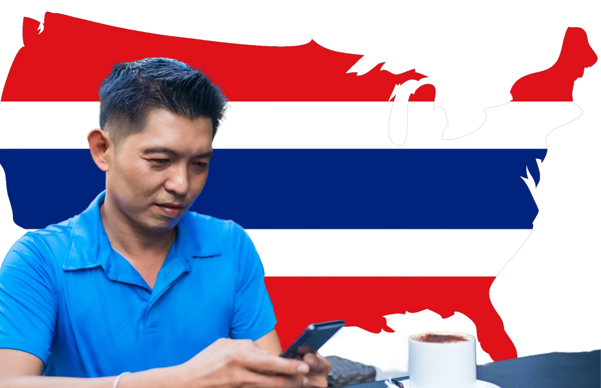 Young remote worker with mobile phone and Thailand flag representing digital nomad visa
